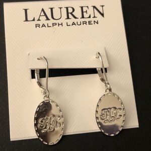Lauren Ralph Lauren Polished Silver Tone Oval Drop Earrings RLL Logo Script NWT